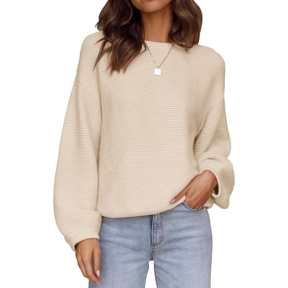 Women's Pullover Sweater Tops Apricot Crew Neck Long Sleeve Casual Loose Knit